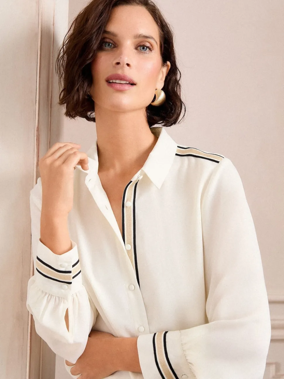 Love & Roses White Ecru Metallic Button Through Long Sleeve Shirt
