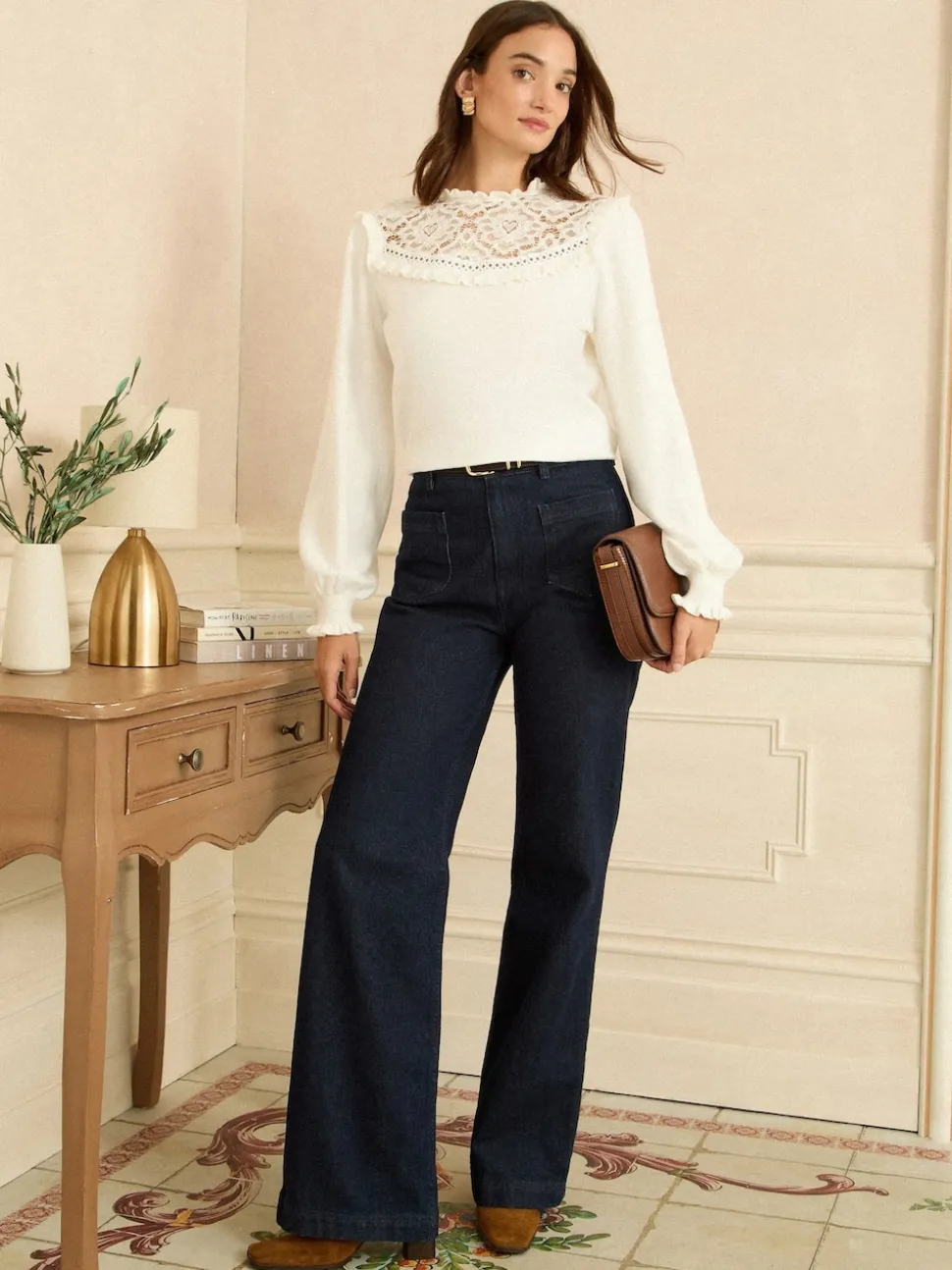 Love & Roses White Lace Yoke Knitted Jumper