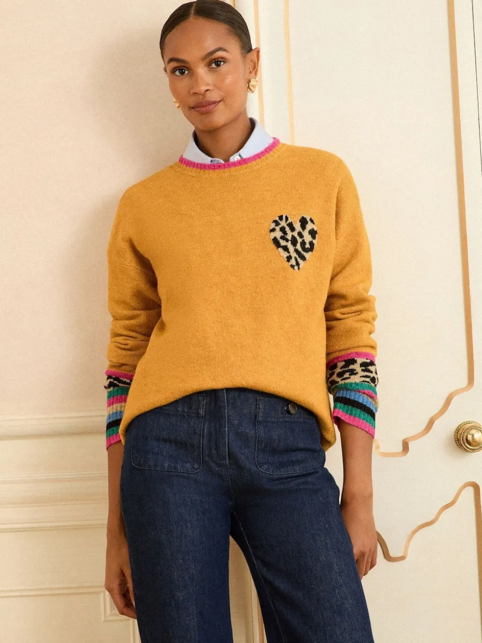 Love & Roses Yellow Animal Print Heart Crew Neck Cosy Jumper