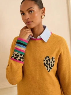 Love & Roses Yellow Animal Print Heart Crew Neck Cosy Jumper