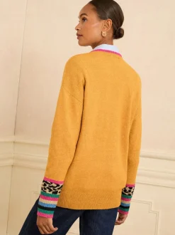 Love & Roses Yellow Animal Print Heart Crew Neck Cosy Jumper