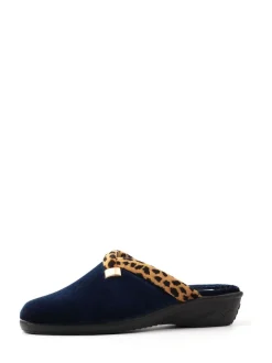 Lunar Blue Michelle Animal Print Trim Wedged Mule Slippers