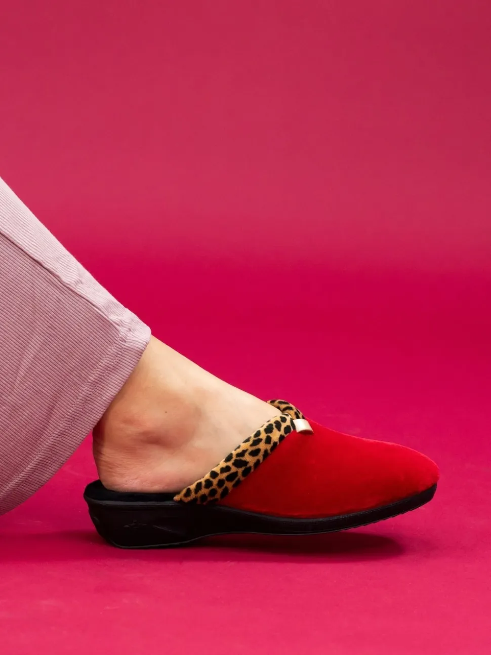 Lunar Red Michelle Animal Print Trim Wedged Mule Slippers