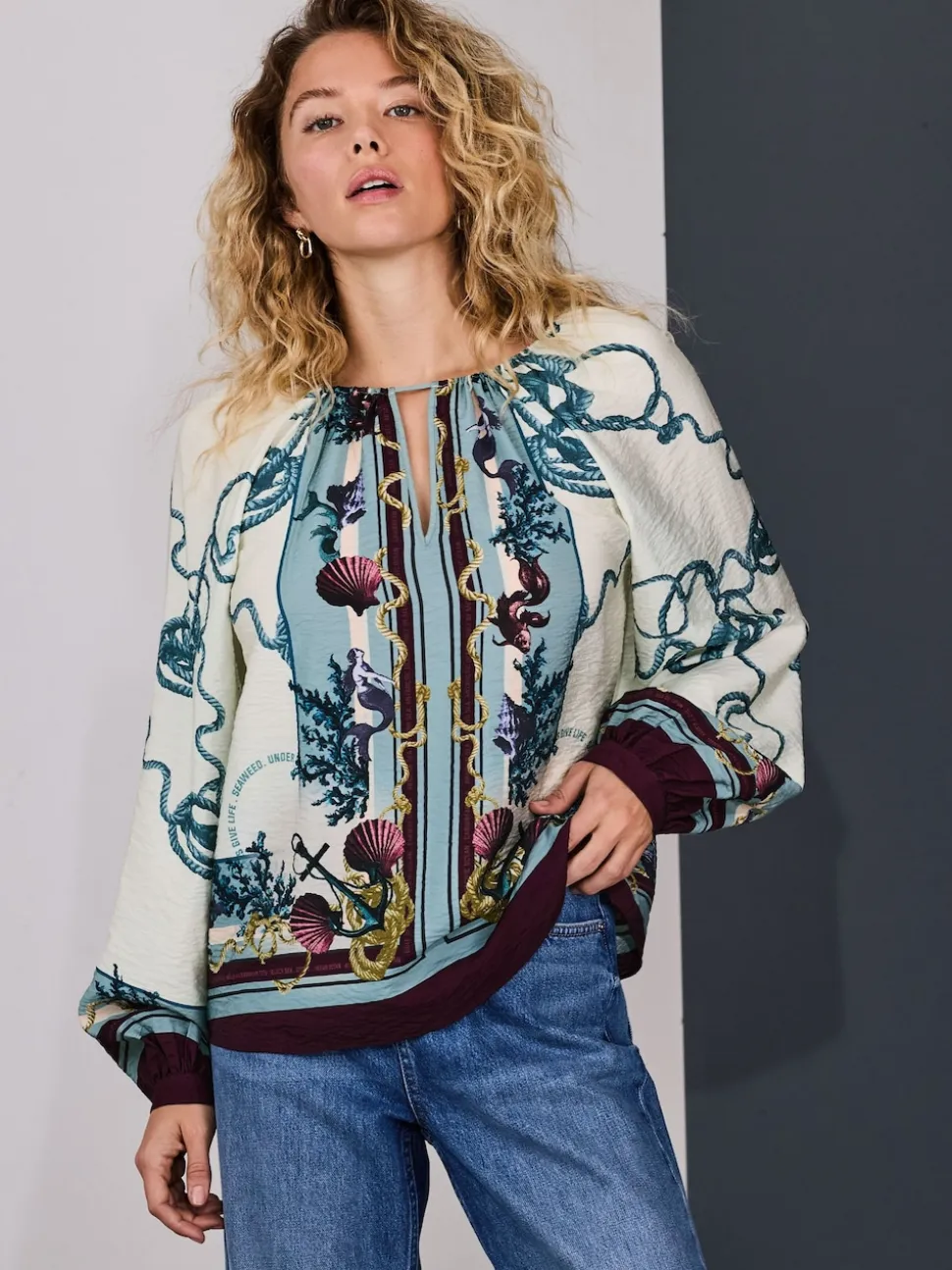 Marine Border Print Keyhole Detail Relaxed Long Sleeve Blouse