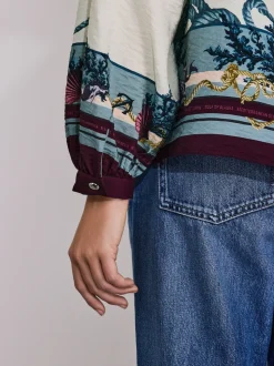 Marine Border Print Keyhole Detail Relaxed Long Sleeve Blouse