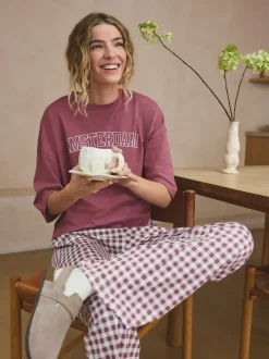 Mauve Purple Gingham Cotton Short Sleeve Pyjamas