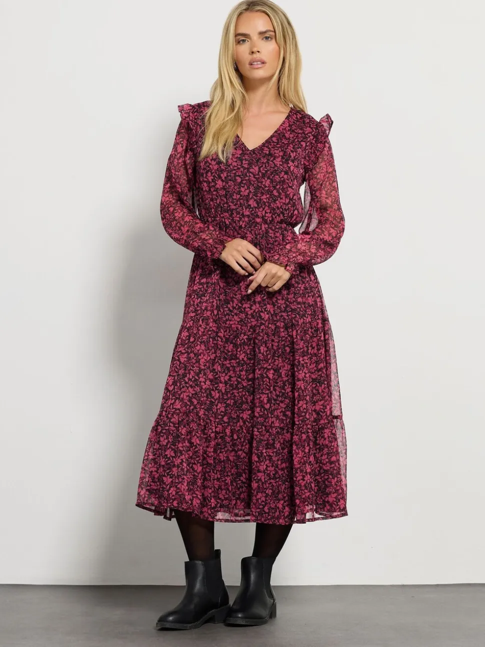 M&Co Black Petite Floral Chiffon Long Sleeve Boho Dress