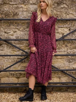 M&Co Black Petite Floral Chiffon Long Sleeve Boho Dress