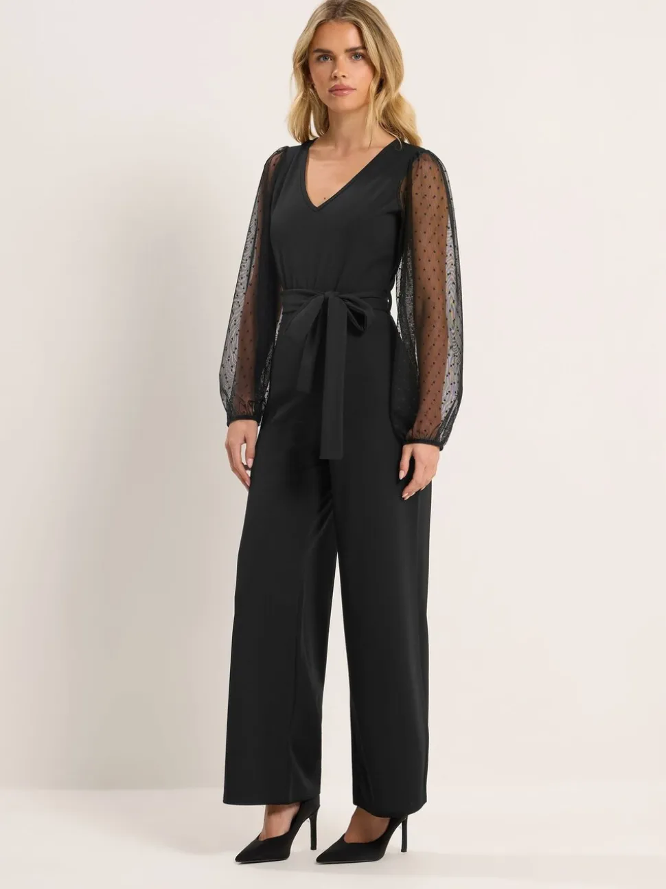 M&Co Black Petite Mesh Sleeve Jumpsuit