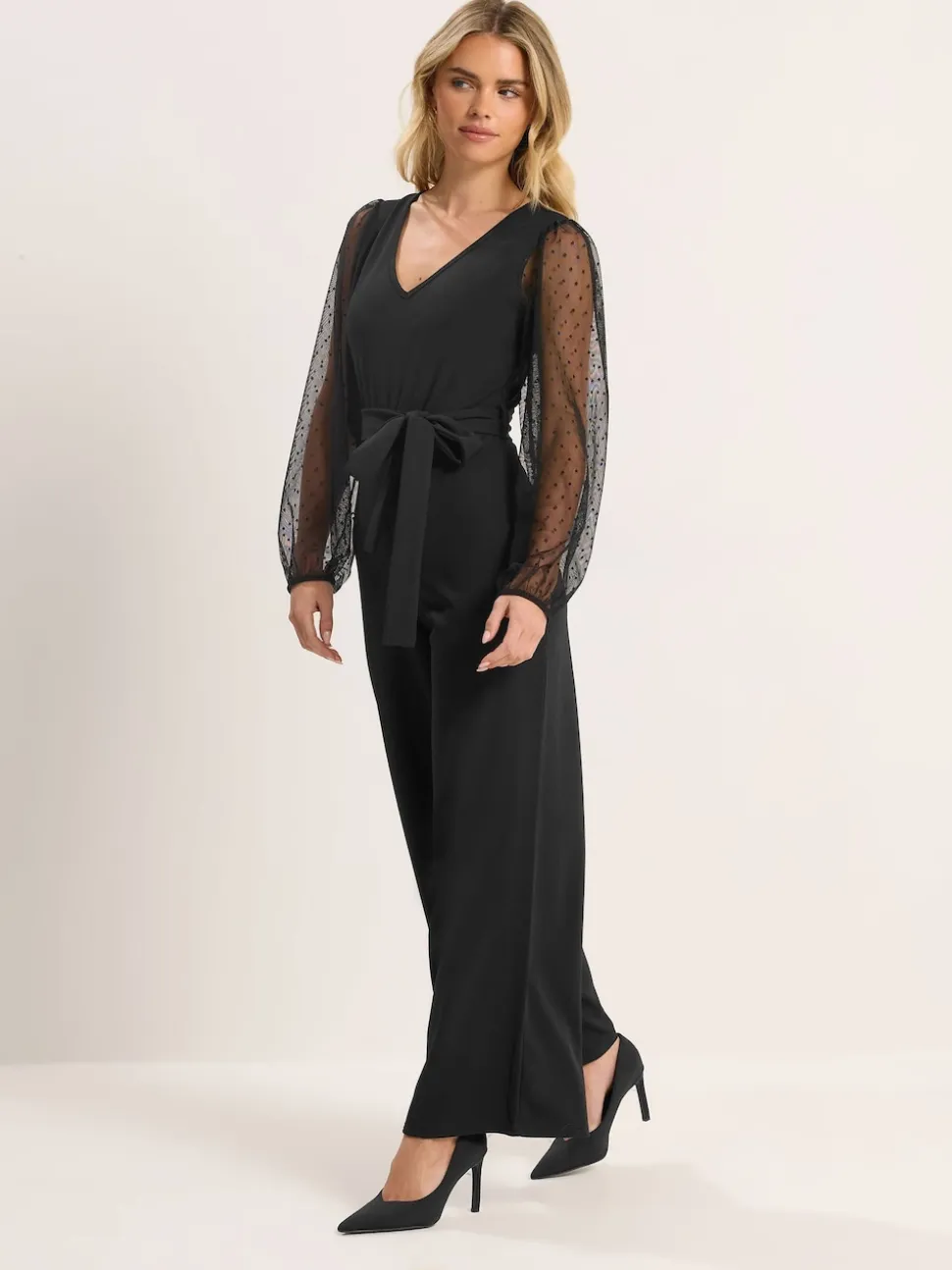 M&Co Black Petite Mesh Sleeve Jumpsuit
