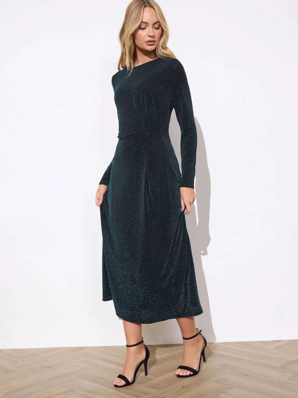 M&Co Green Metallic Twist Front Midi Dress