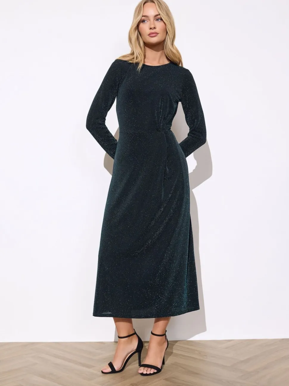 M&Co Green Metallic Twist Front Midi Dress