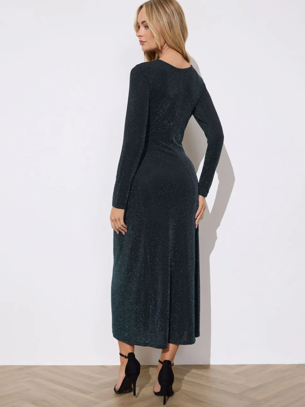 M&Co Green Metallic Twist Front Midi Dress