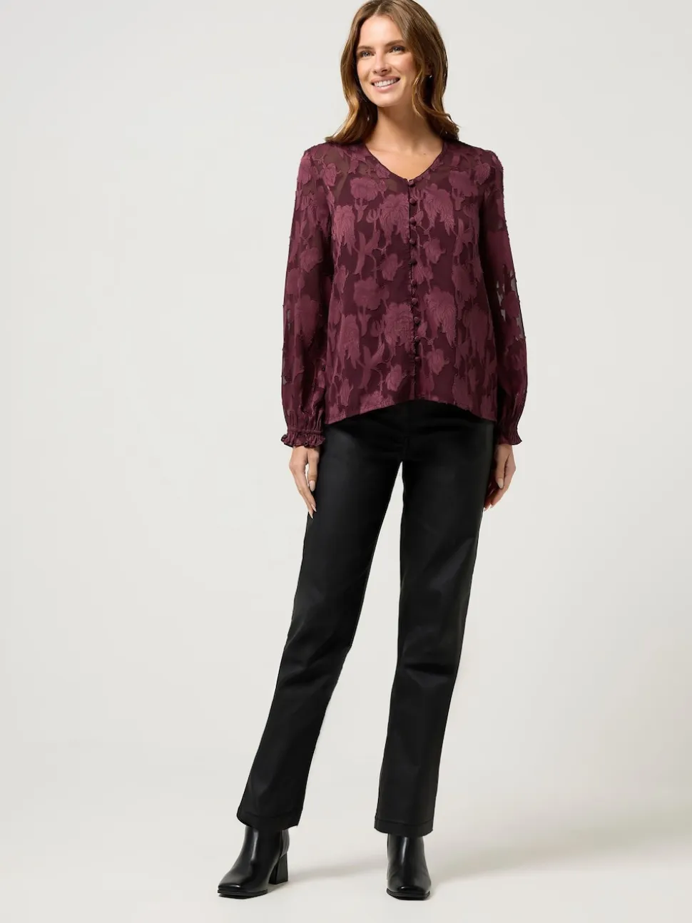 M&Co Purple Jacquard V-Neck Blouse