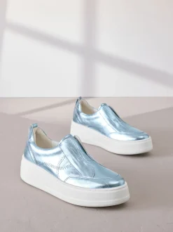 Metallic Slip On Signature Leather Chunky Wedge Platform Trainers