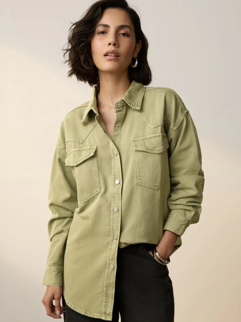 Mid Blue and Khaki Green Oversized Denim Shirts 2 Pack