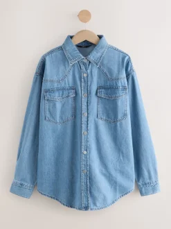 Mid Blue and Khaki Green Oversized Denim Shirts 2 Pack
