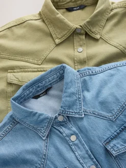 Mid Blue and Khaki Green Oversized Denim Shirts 2 Pack