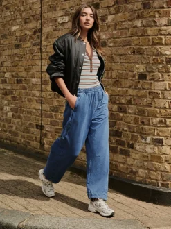 Mid Blue Barrel Leg Denim Jersey Trousers