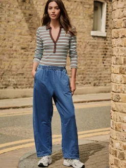Mid Blue Barrel Leg Denim Jersey Trousers
