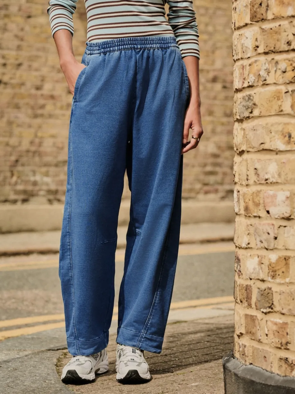 Mid Blue Barrel Leg Denim Jersey Trousers