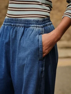 Mid Blue Barrel Leg Denim Jersey Trousers