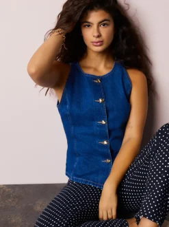 Mid Blue Denim Heart Button Through Waistcoat