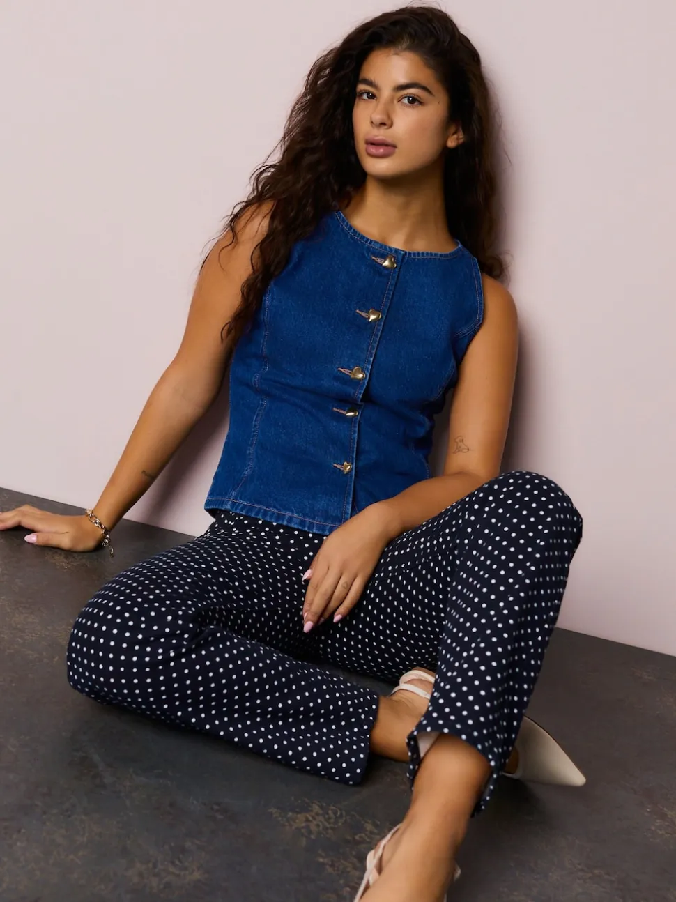 Mid Blue Denim Heart Button Through Waistcoat