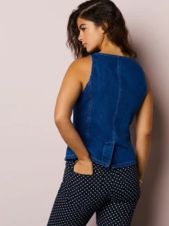 Mid Blue Denim Heart Button Through Waistcoat