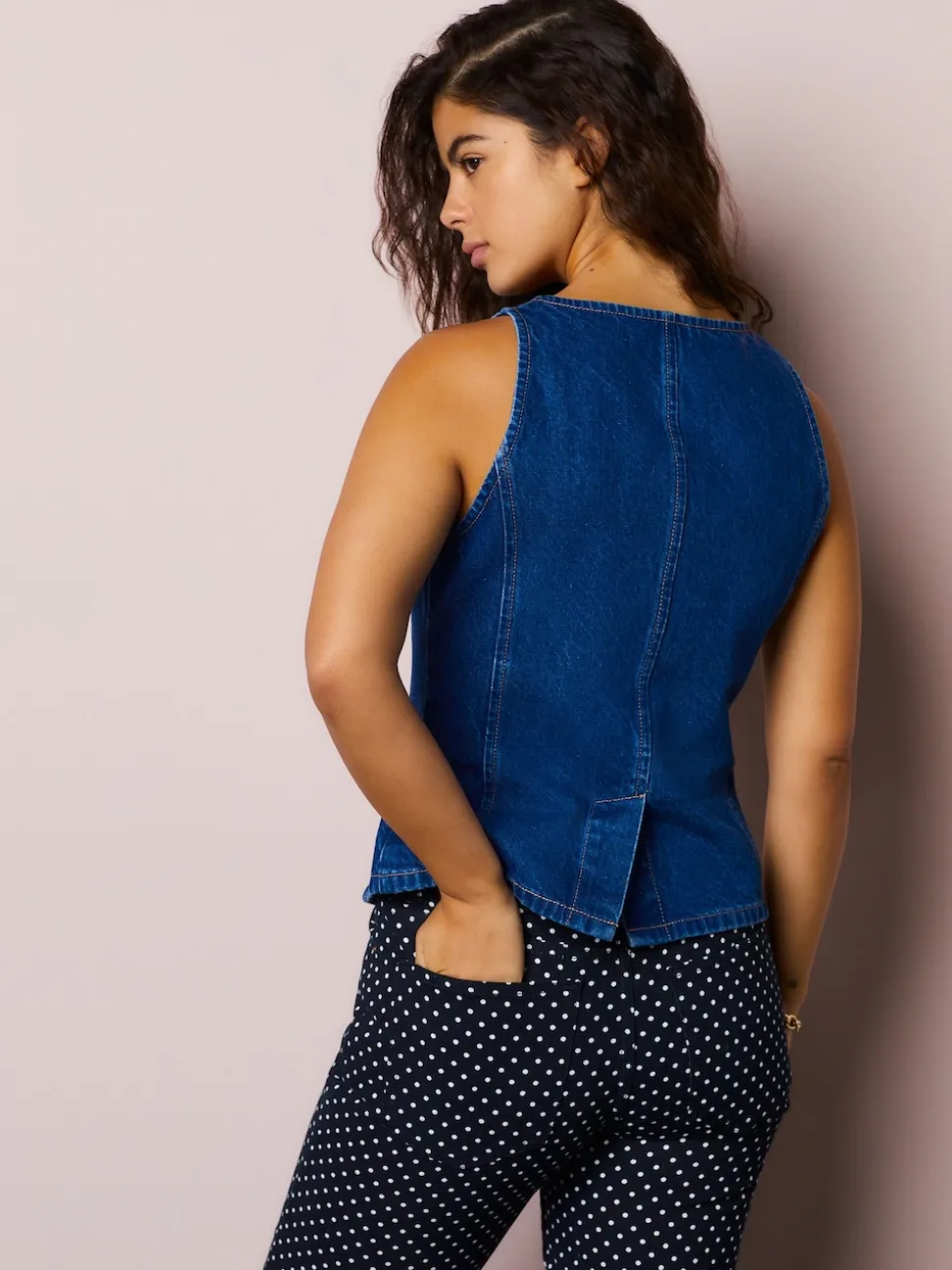 Mid Blue Denim Heart Button Through Waistcoat