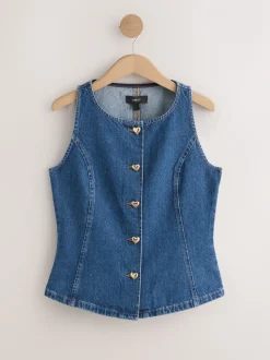 Mid Blue Denim Heart Button Through Waistcoat