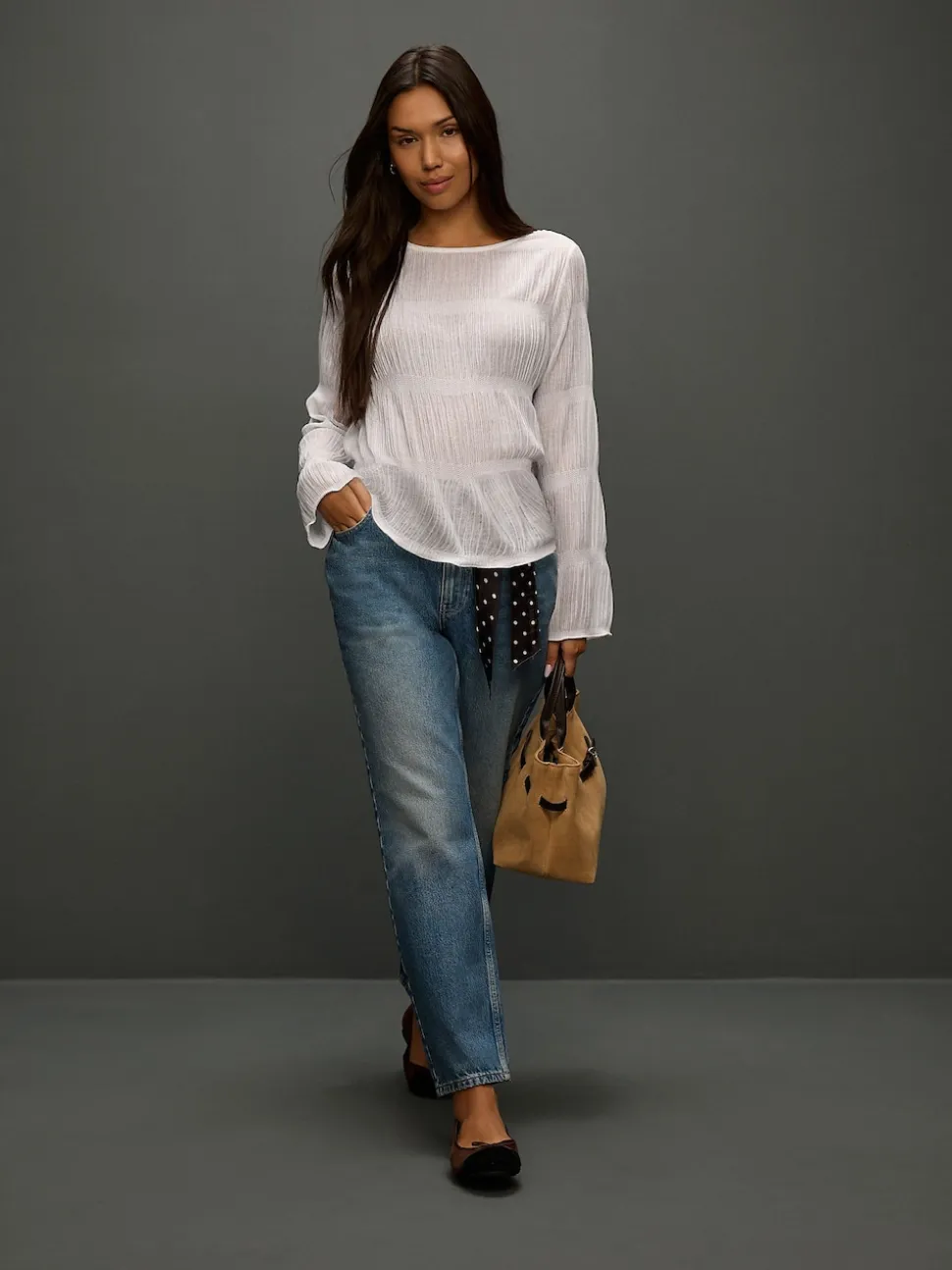 Mid Blue Polka Dot Mid Rise Ankle Straight Leg Jeans With Scarf