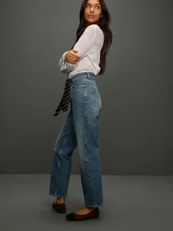 Mid Blue Polka Dot Mid Rise Ankle Straight Leg Jeans With Scarf