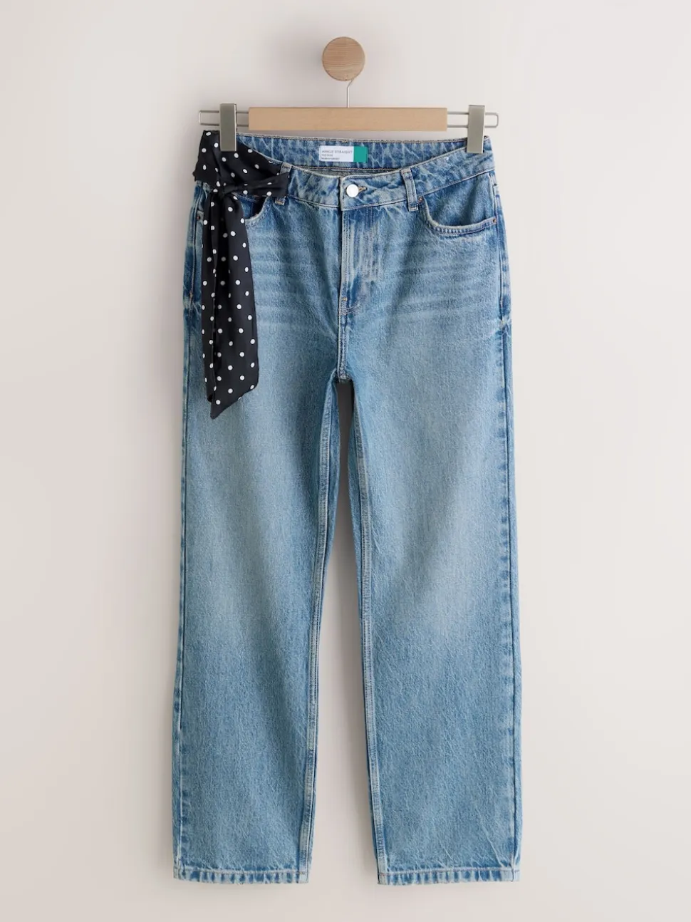 Mid Blue Polka Dot Mid Rise Ankle Straight Leg Jeans With Scarf