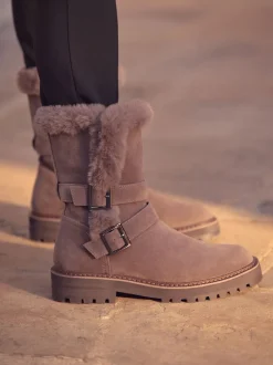 Mink Brown Faux Fur Double Buckle Ankle Boots