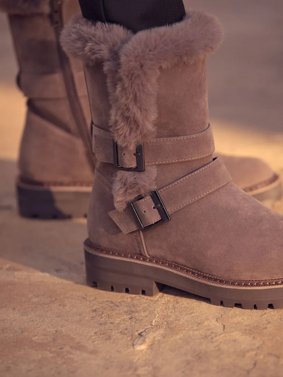Mink Brown Faux Fur Double Buckle Ankle Boots