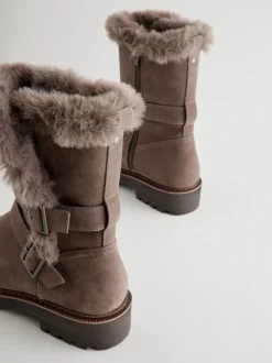 Mink Brown Faux Fur Double Buckle Ankle Boots