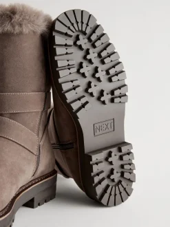 Mink Brown Faux Fur Double Buckle Ankle Boots