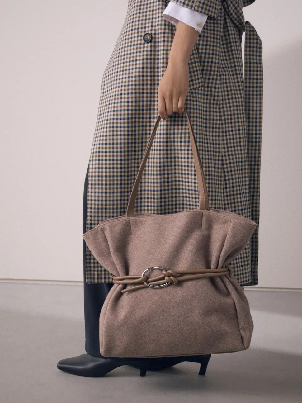 Mink Brown Felt Belted Shoulder Bag