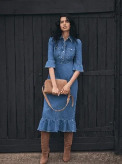 Mint Velvet Blue Indigo Denim Midi Shirt Dress