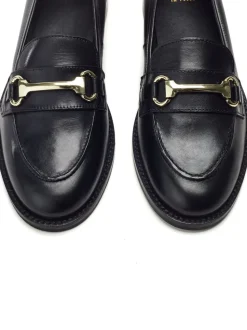 Moda in Pelle Black Chrome Elarra Flat Loafers With Snaffle Trim
