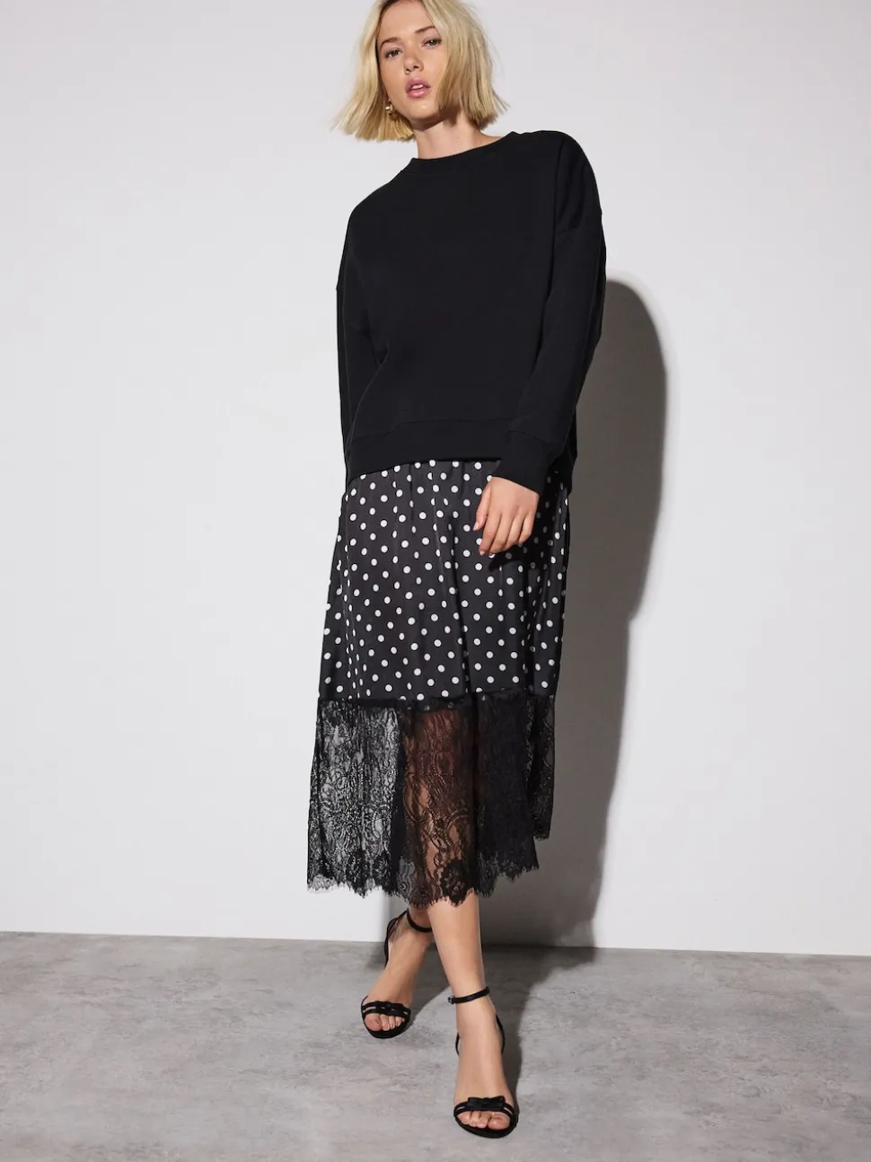 Mono Spot 2-In-1 Sweatshirt With Satin Midi Skirt