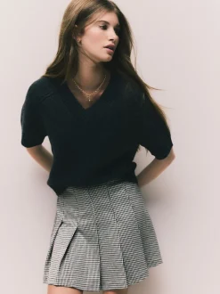Monochrome Check Mini Jersey Pleated Skirt