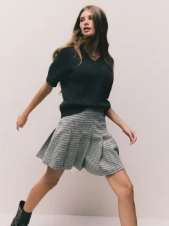 Monochrome Check Mini Jersey Pleated Skirt