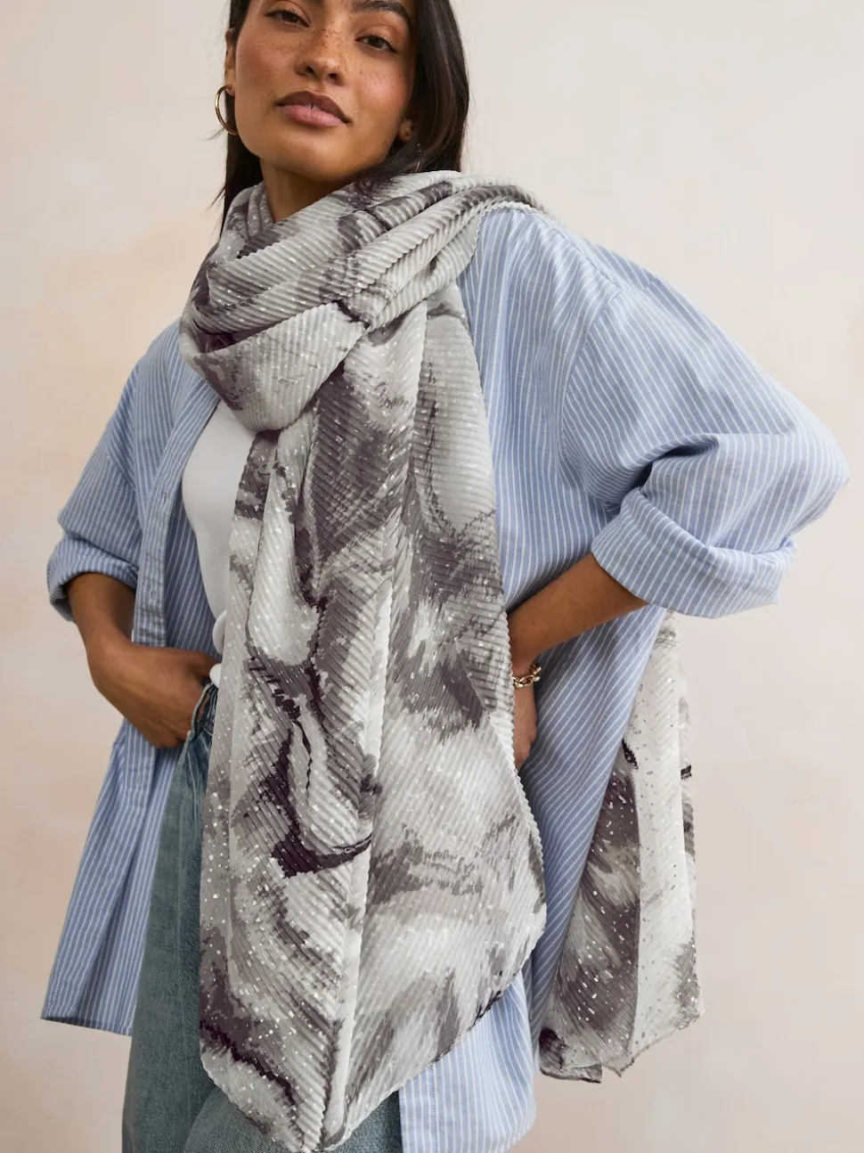 Monochrome Marble Plisse Lightweight Scarf