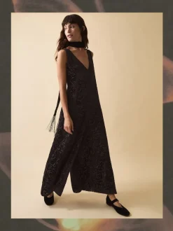 Monsoon Black Clemence Gigi Velvet Burnout Palazzo Jumpsuit