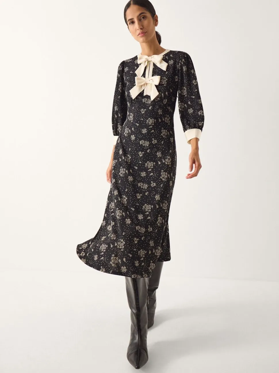 Monsoon Black Dotty Bow Floral Jersey Midi Dress