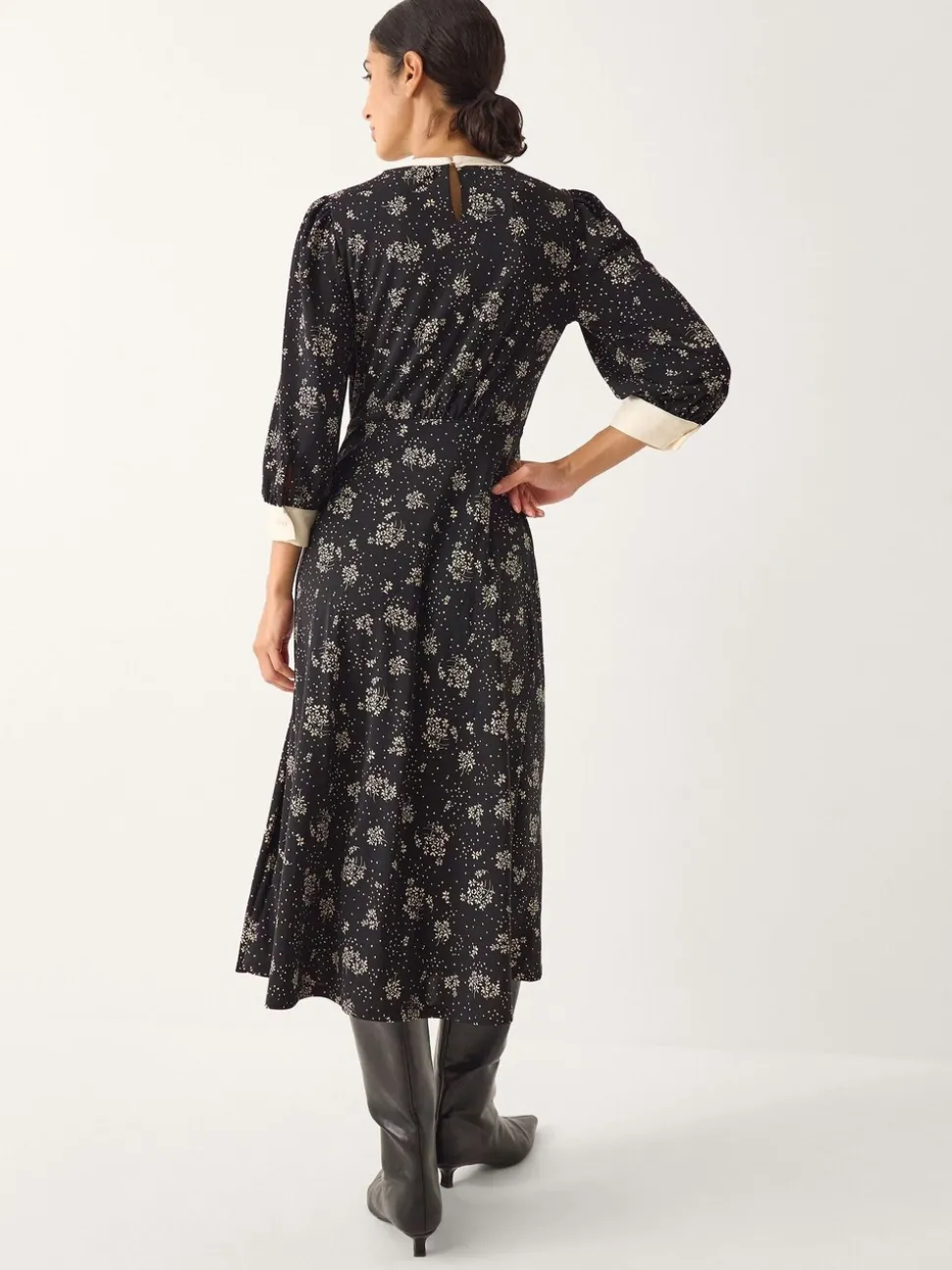 Monsoon Black Dotty Bow Floral Jersey Midi Dress