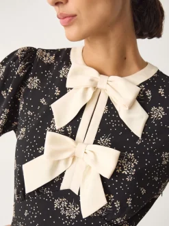Monsoon Black Dotty Bow Floral Jersey Midi Dress