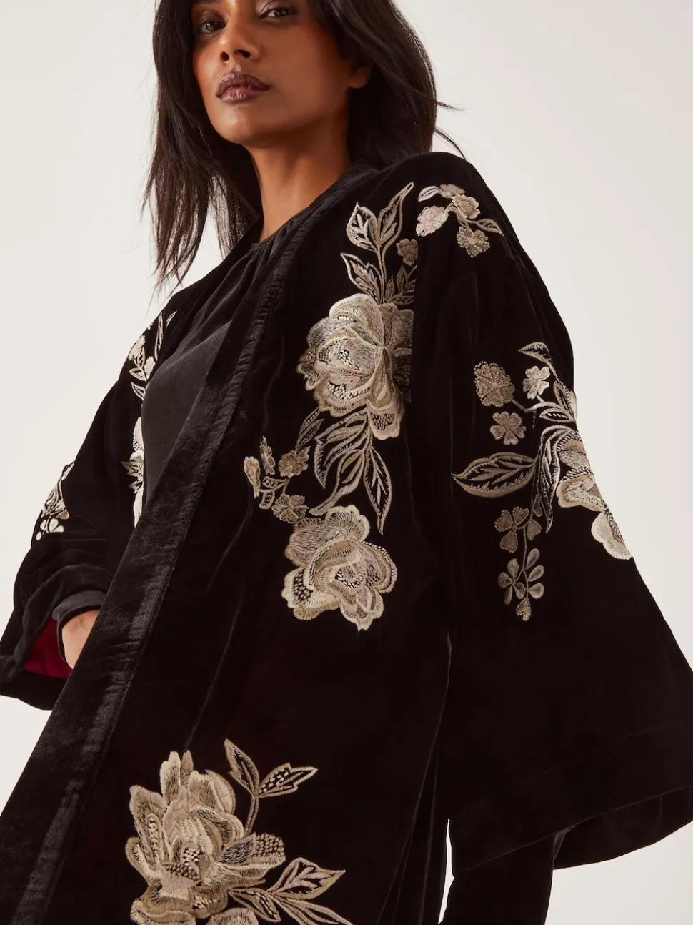 Monsoon Black Fia Floral Embroidered Velvet Kimono